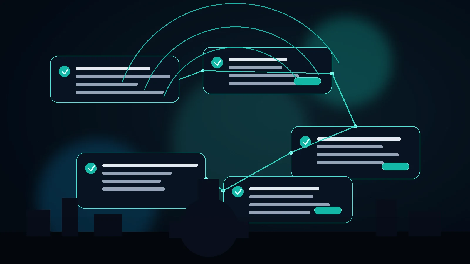 Dark Sacramento service business onboarding workflow with intake cards, checklist steps, and teal automation accents