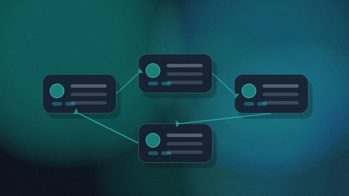 Abstract job handoff automation workflow with Sacramento-inspired teal and cyan accents