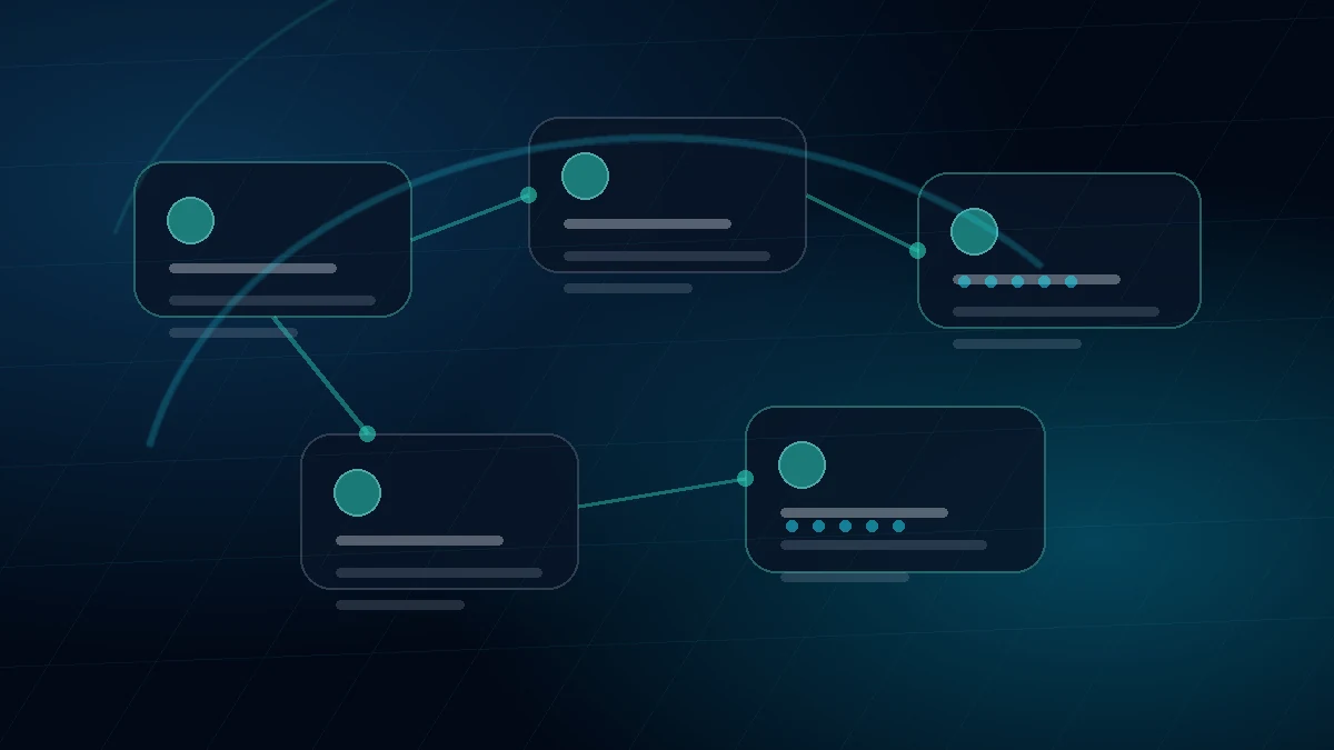 Abstract review request automation workflow with Sacramento-inspired teal and cyan accents